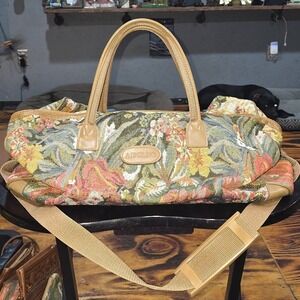 Adolfo Vintage Tapestry Duffel Bag Floral Garden Travel Set with Matching Pouch